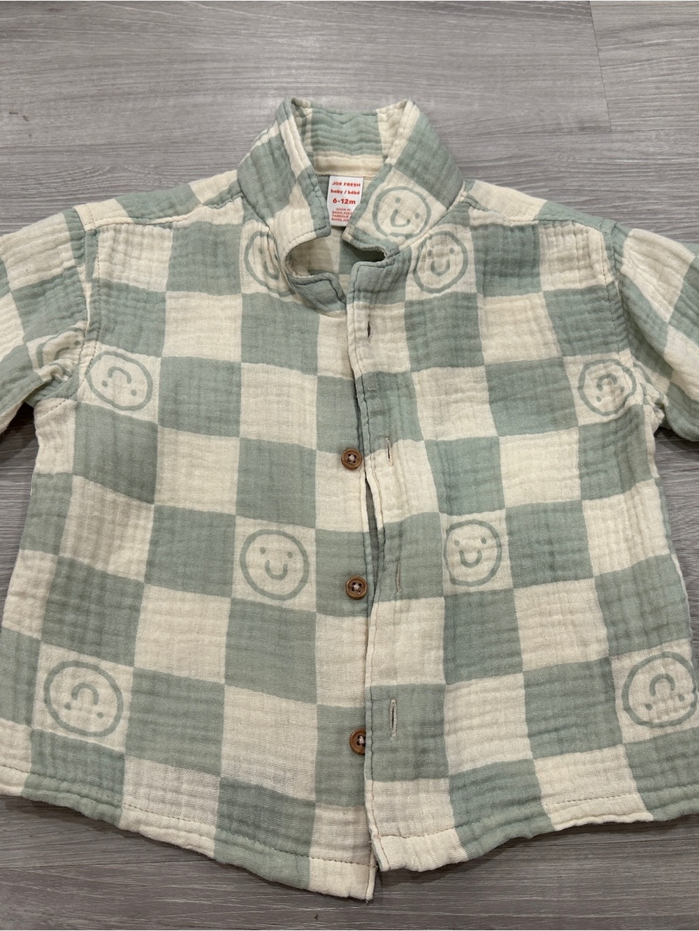 100% Cotton Green & Cream Checkered Smiley Button-Down Shirt